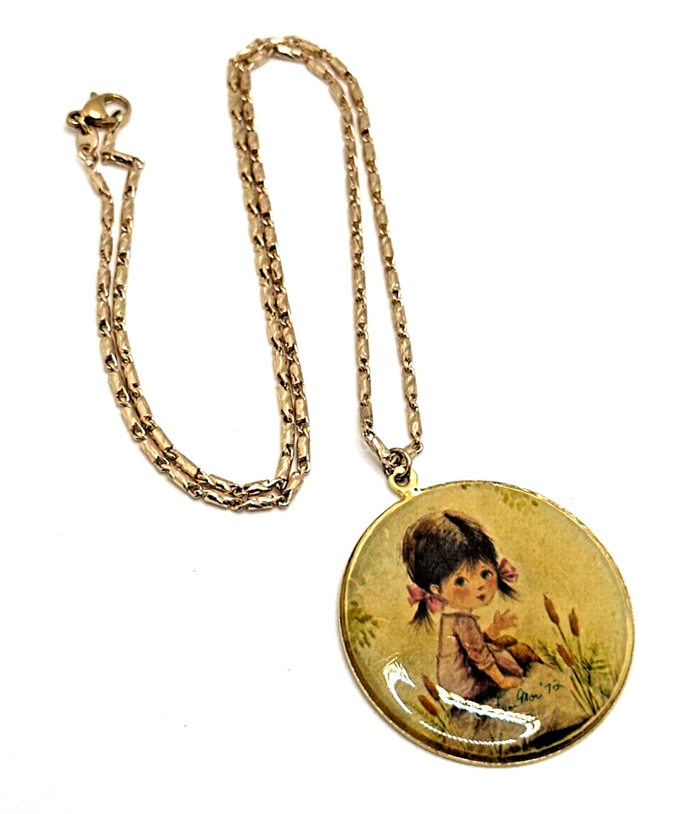 Vintage 1972 FRAN MAR Moppet Girl Pendant Necklace Mid Century Retro 19"