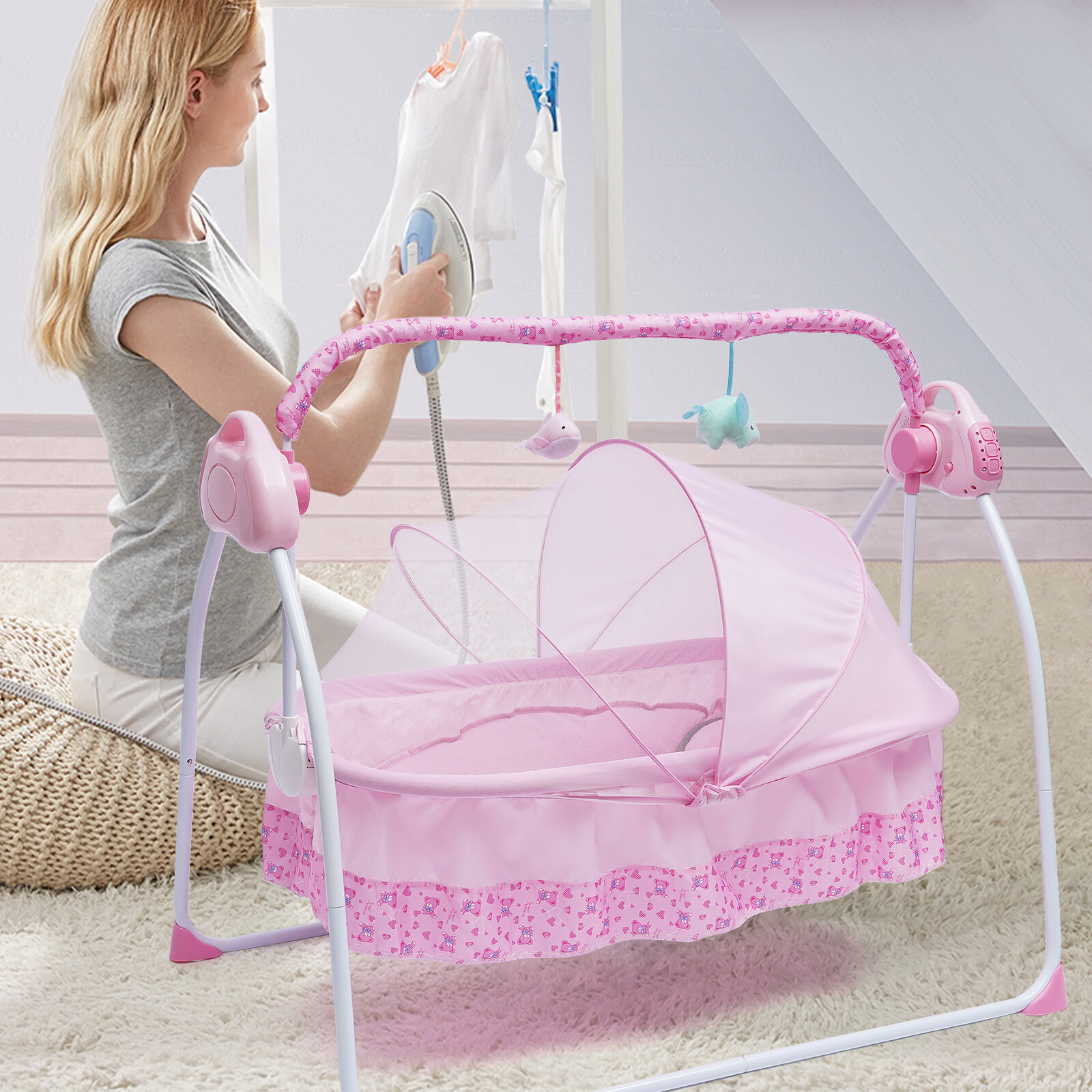 Pink Electric Baby Crib Cradle Auto-Swing Baby Newborn Bed Sleep Cradle+ Mat