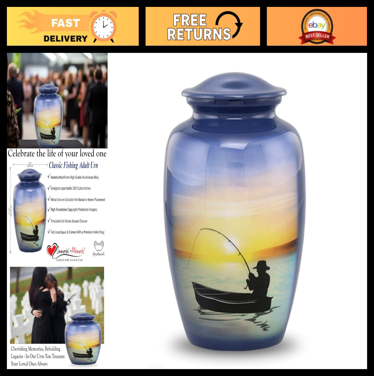 Fishing Cremation Urn - Full Size Memorial Urn for Adults - Fisherman Ashes Hold