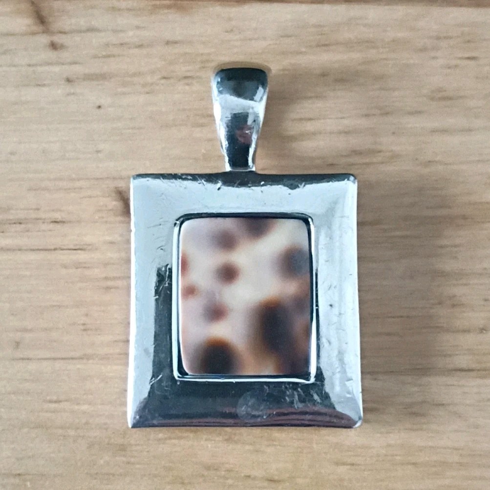 Silver Square Pendant Charm Brown Accent Metal Bezel Setting Decorative