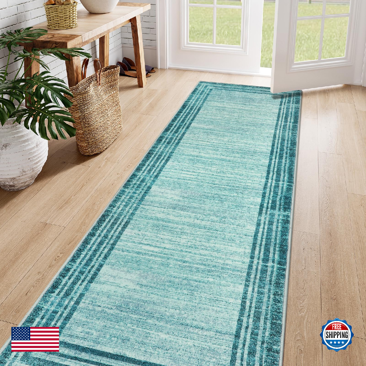 Lahome Abstract Runner Rug Teal 2.5x8 Hallway Kitchen Non-Slip Low-Pile Washable