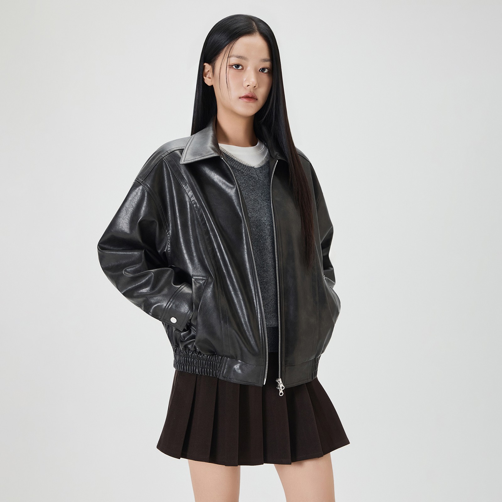 Fake Leather Oversized Blue Bomber Jacket