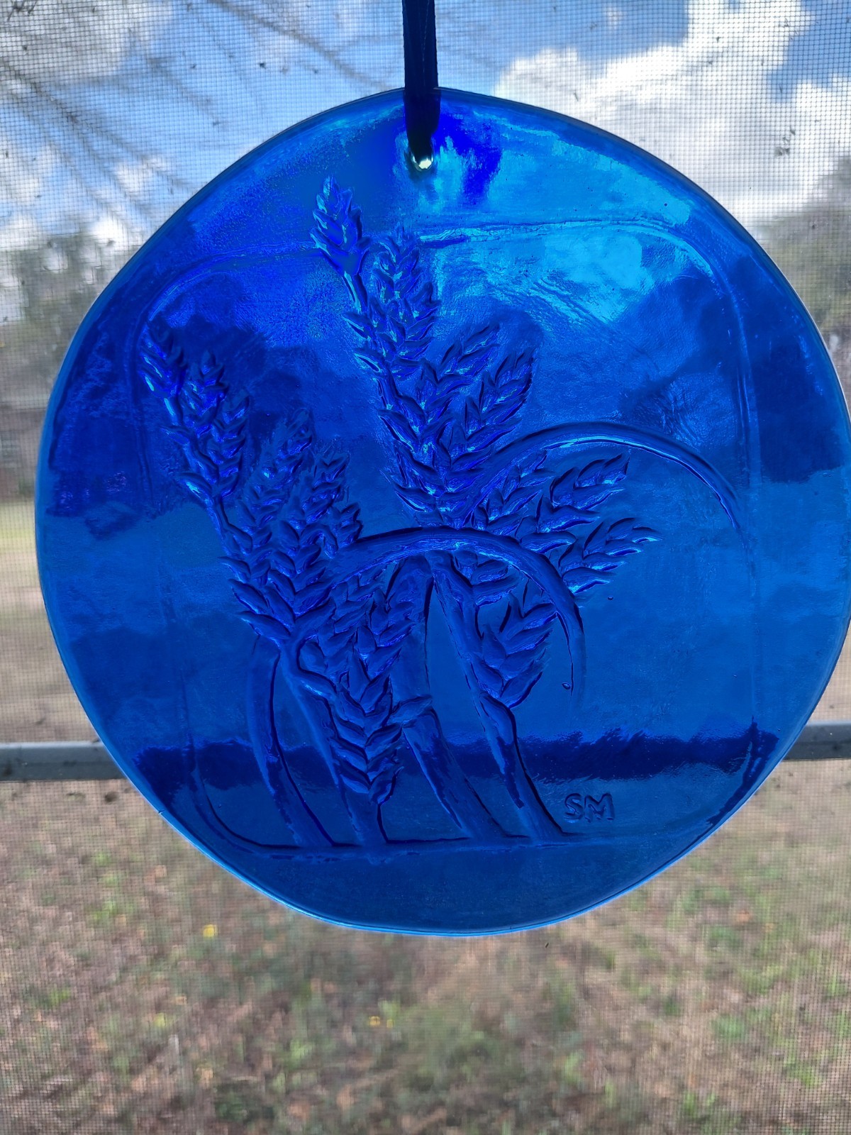 Colbalt Blue Glass Suncatcher, Wheat Grass , Signed SM, 7"