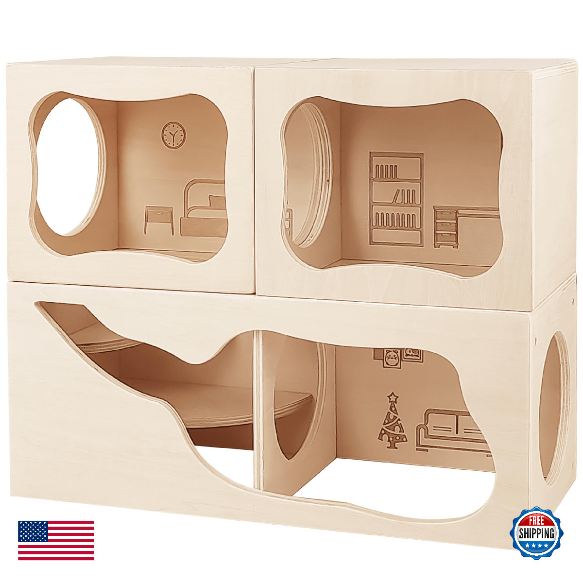 Hamster Hideout Wooden Multi-Chamber House Small Animal Habitat