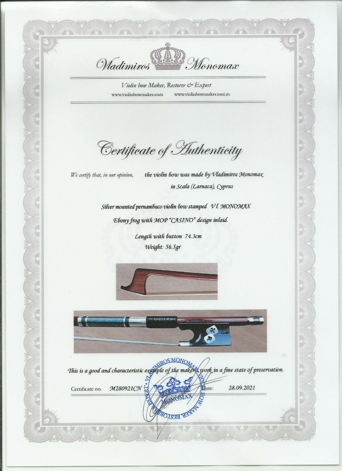 Certificate ONLY for Pernambuco, silver mounted Violin Bow, frog “CASINO” design