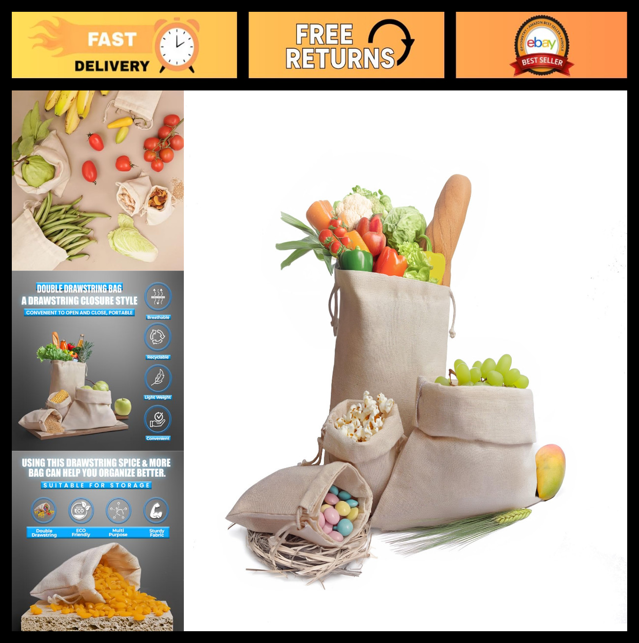 6 Organic Cotton Muslin Drawstring Bags (12x16, 14x17) - Eco-Friendly, Washable,