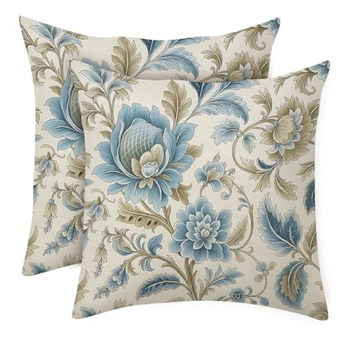  Vintage Blue Floral Linen Pillow Covers 18x18 Set of 2 – Elegant Classic #4