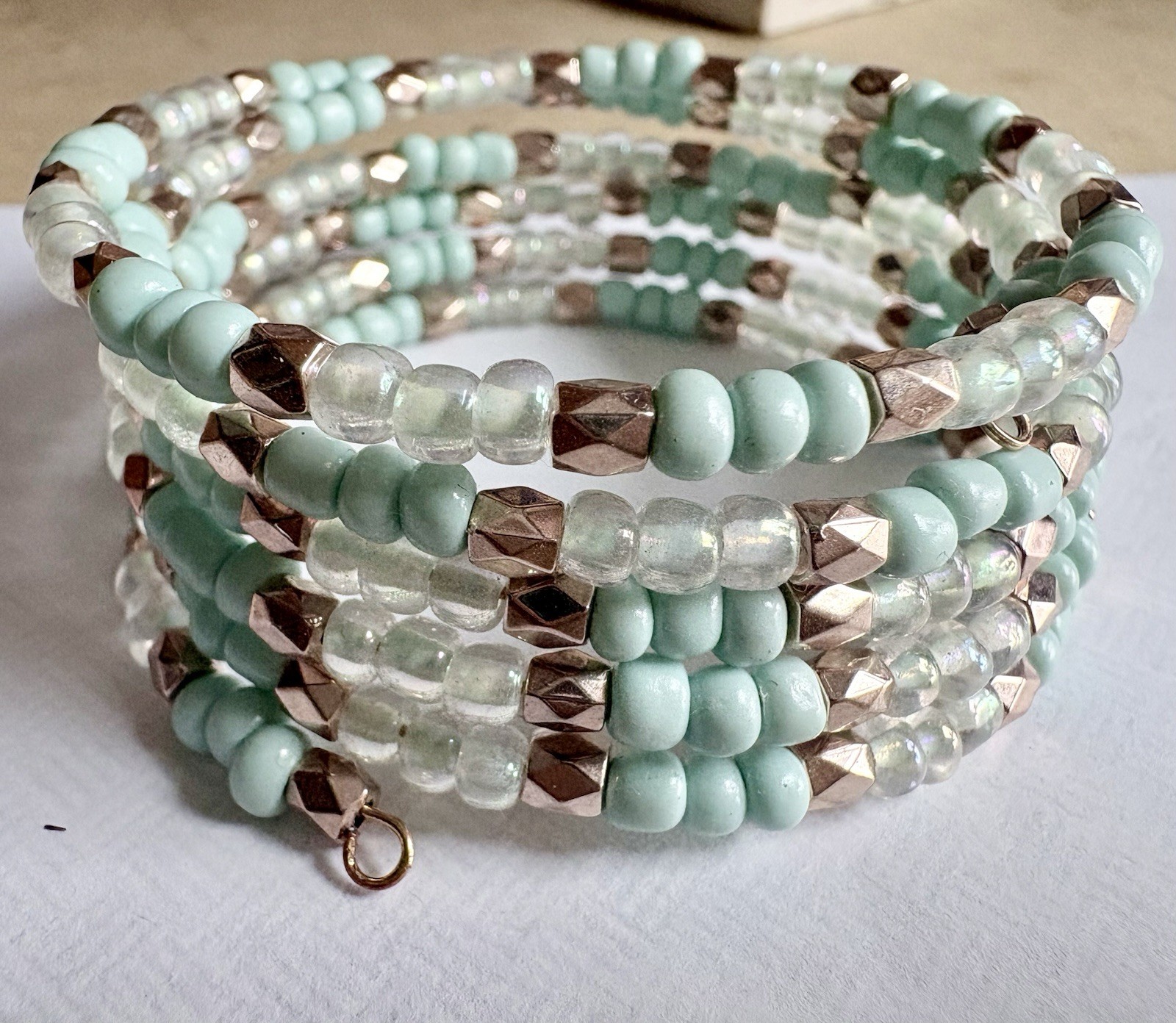 Handcrafted Mint Gold Beaded Glass Wire Wrap Bracelet Stackable Bohemian