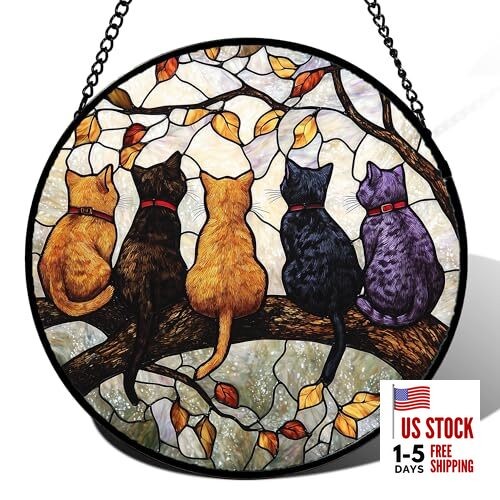 Stained Glass Window Hanging - 5 Cats on a Branch Suncatcher 14.9x14.9 IN Black
