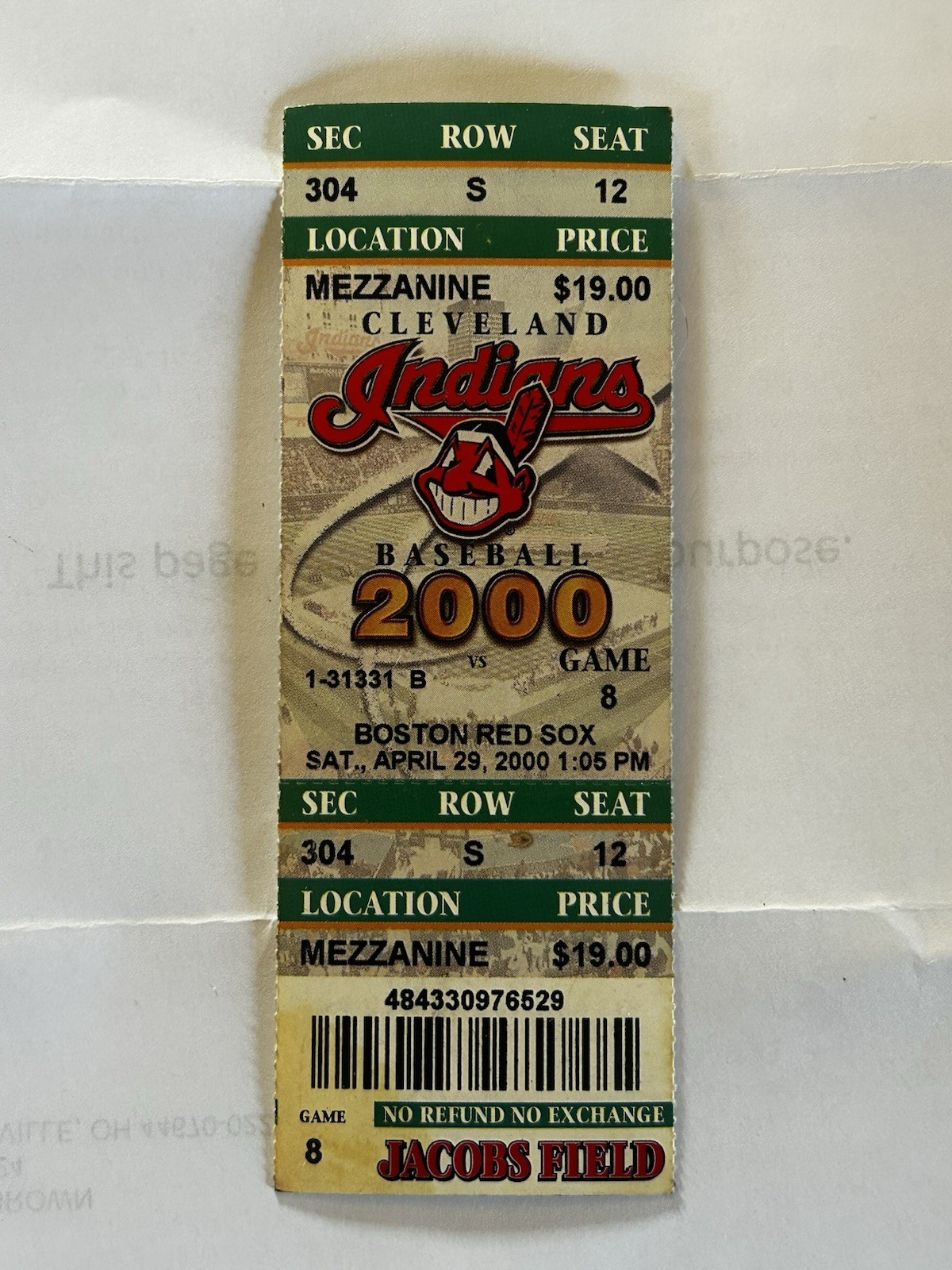 Unused Indians Ticket. Vs Boston Red Sox. 2000