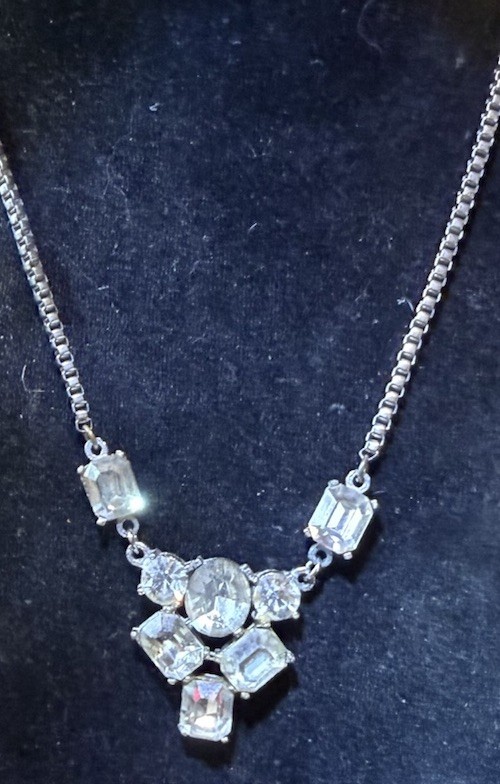 Vintage Rhinestones Cocktail Necklace Silver Tone 