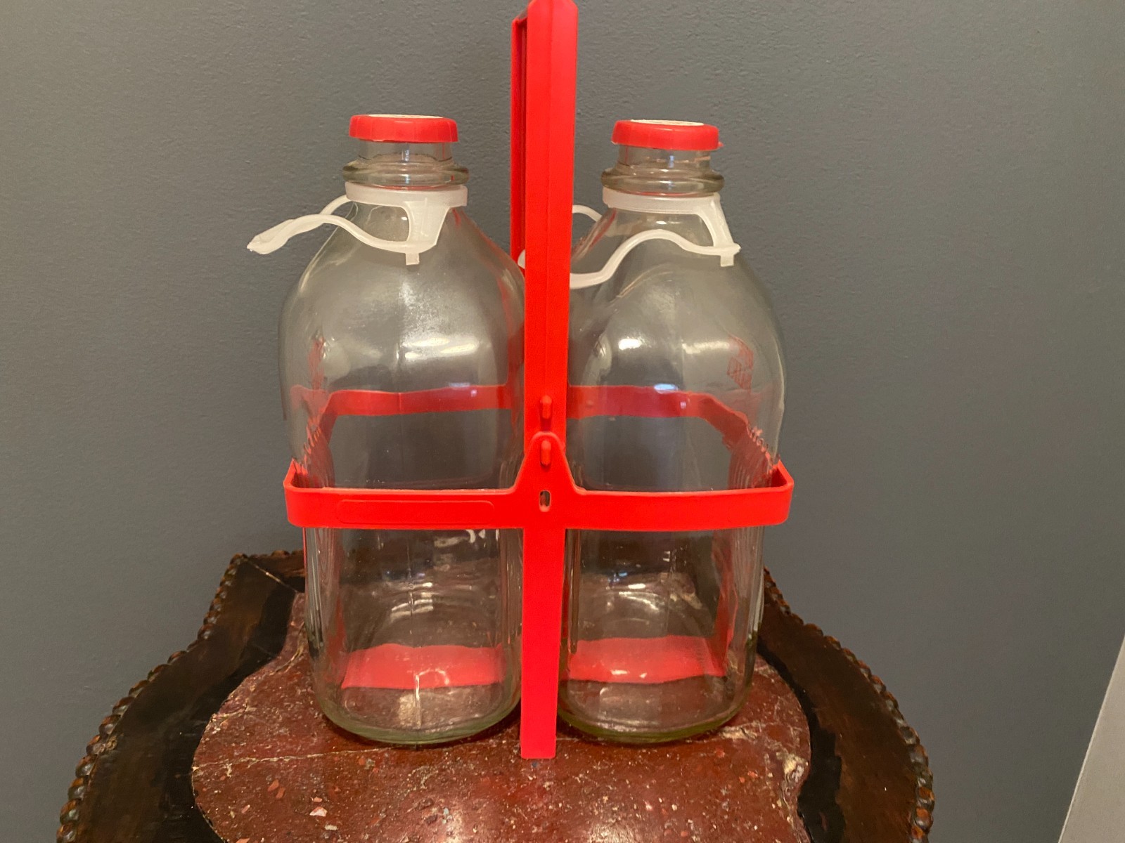 Byrne Dairy 1/2 Gallon Glass Milk Bottle w/Plastic Carrier Lid & Handle Lot of 2