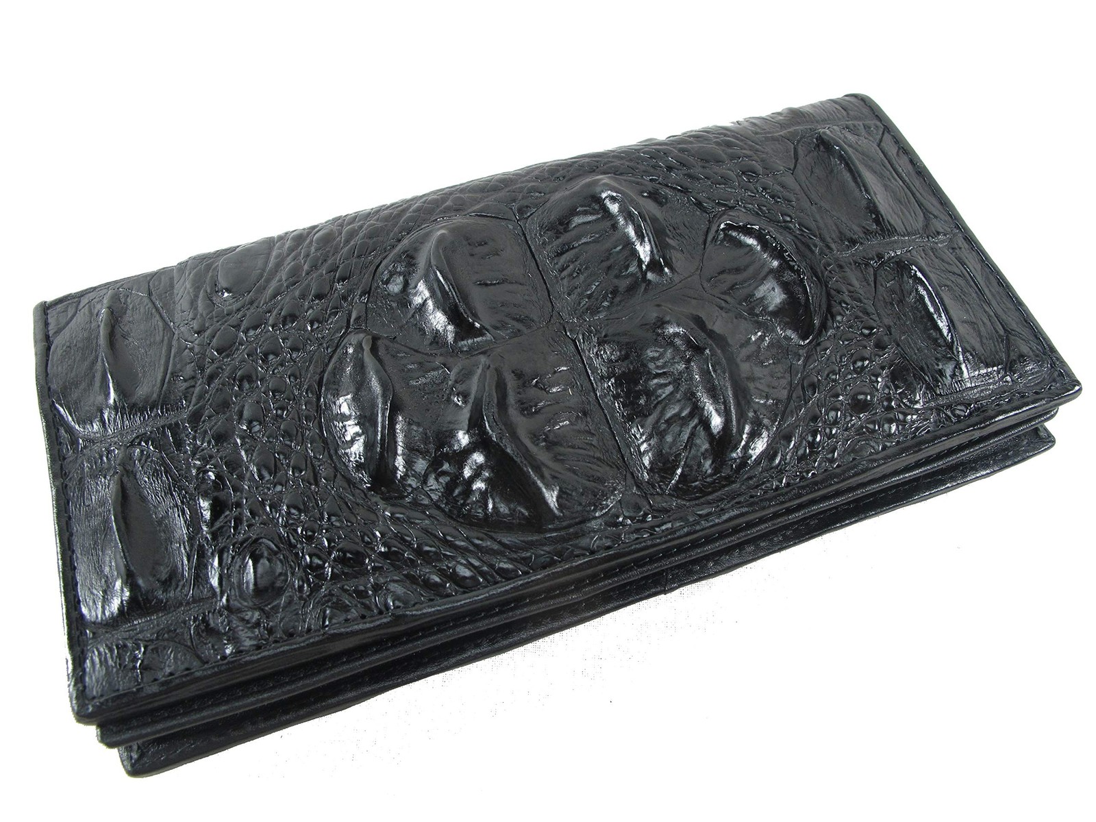 Genuine Crocodile Alligator Hornback Skin Leather Checkbook Long Wallet (Black)
