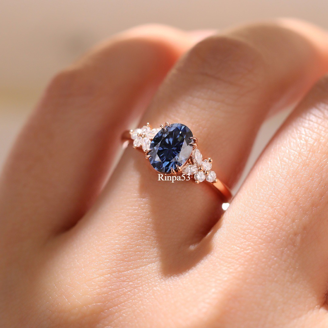 2.50 CT Oval Simulated Blue Sapphire & Diamond Accent Ring 14K Rose Gold Plated