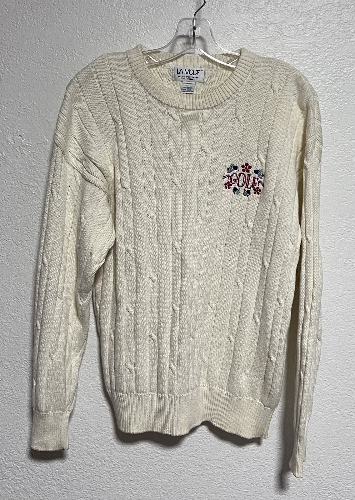 Vtg La Mode Medium Crew Cable Knit Cream Golf Embroidery Preppy Novelty Sweater
