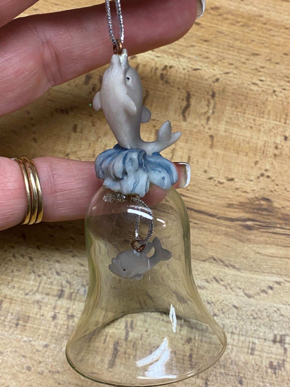 Vintage Glass Bell w Acrylic Dolphins Christmas Ornament 3 1/2"