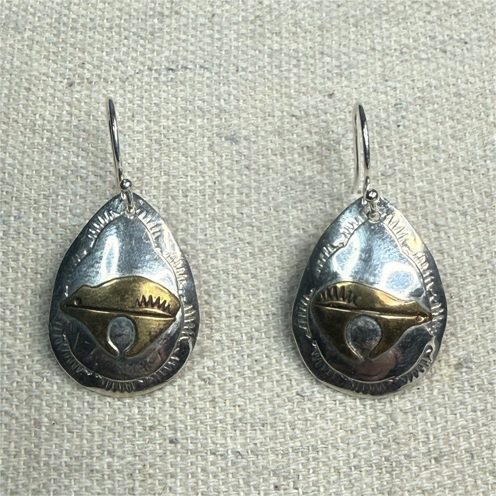 Native American Sterling Silver Bear Design Teardrop Earrings w/ Copper Accents