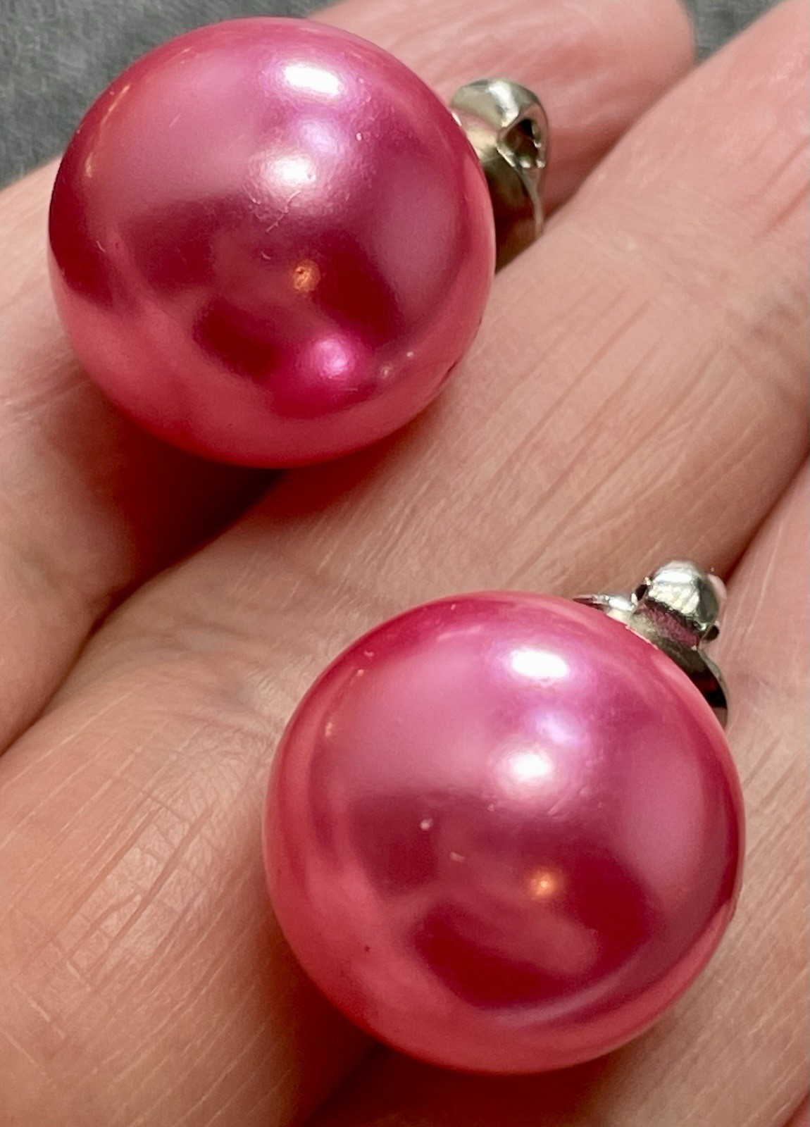 Vintage Large Pink Satin Lucite Ball Clip Earrings