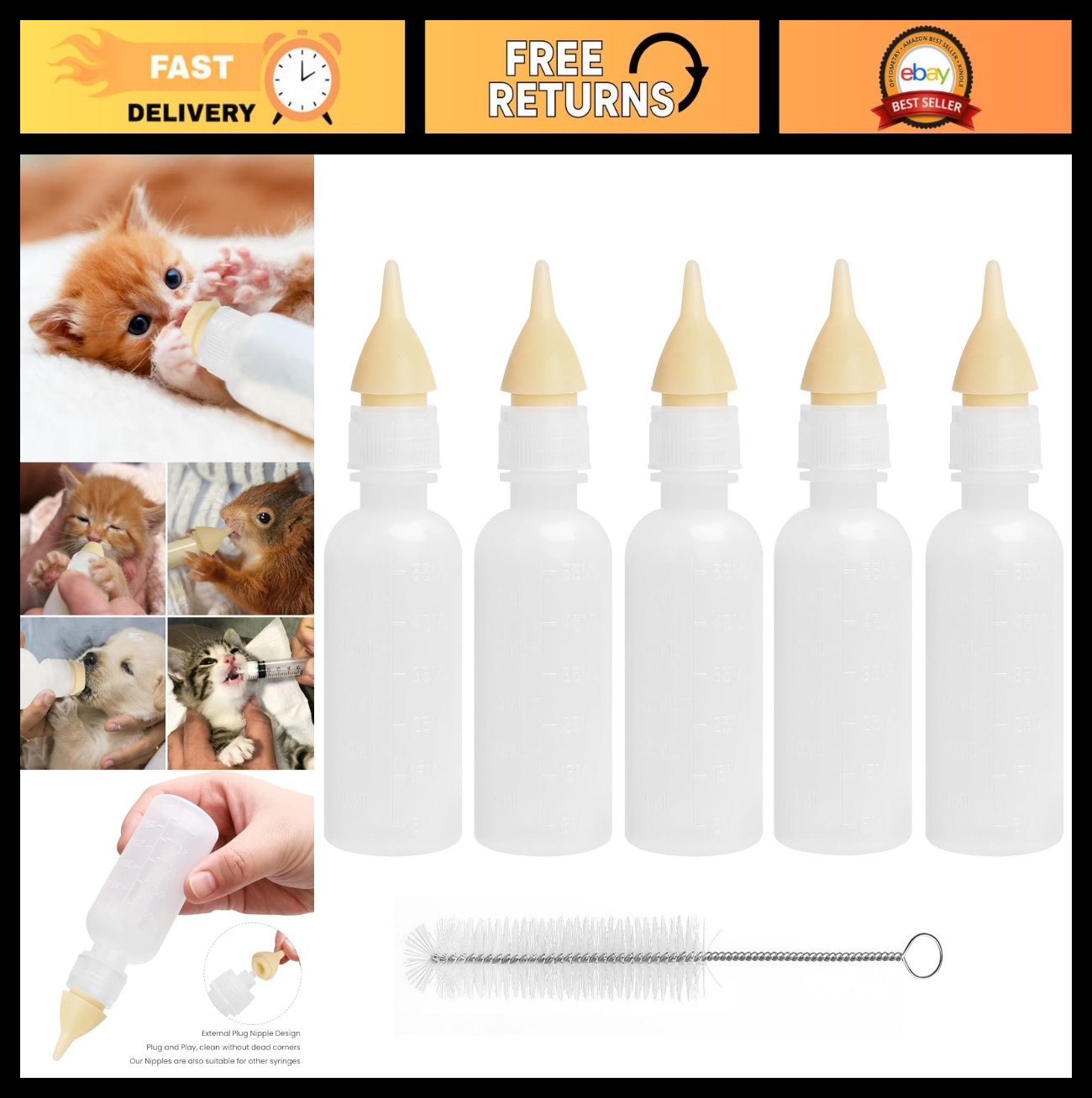 5 Pack Reusable Pet Feeding Bottles with Silicone Nipples for Kittens, Puppies &