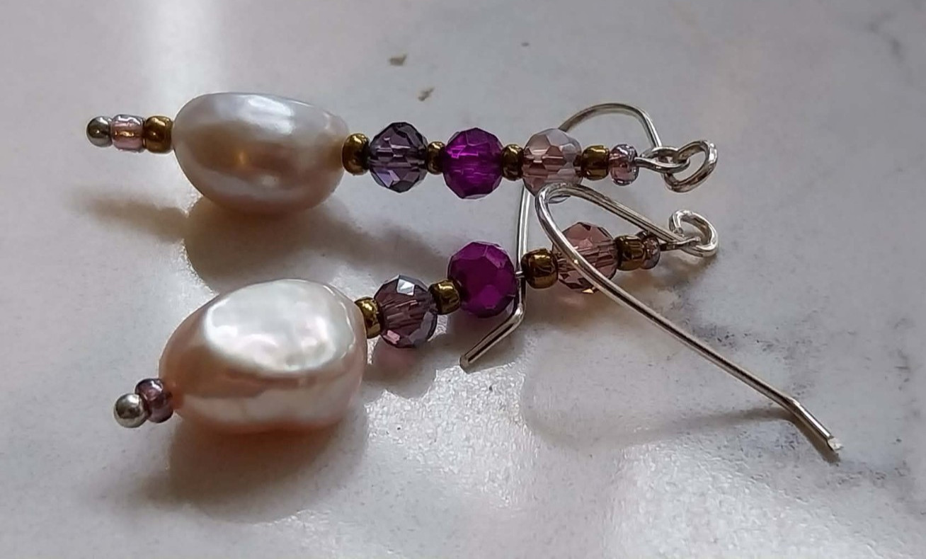 Sterling Silver 925 New Ear Wires Hand Crafted Pearl Beads  Earrings drop 3.7cm