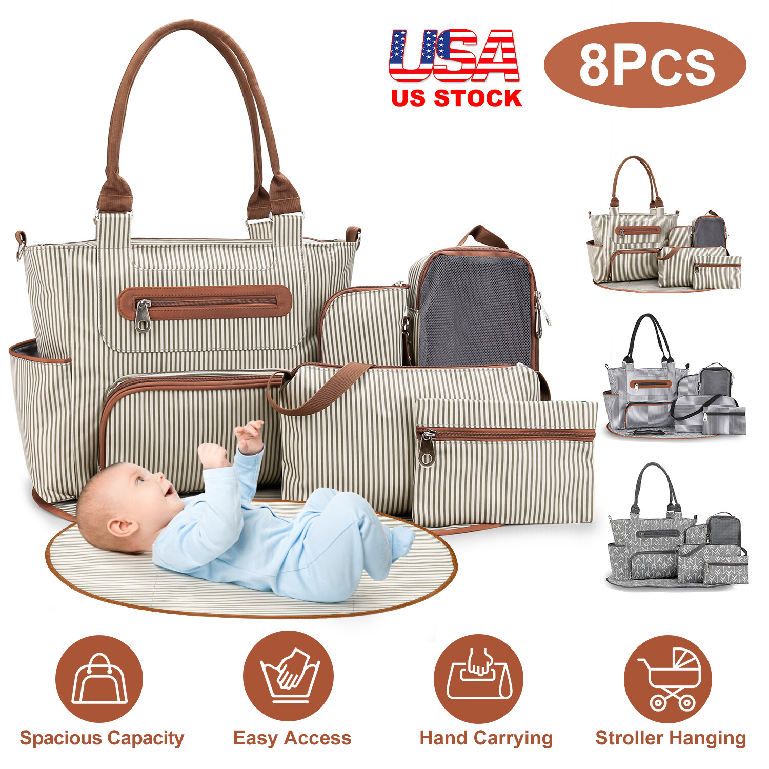 8Pcs Baby Nappy Diaper Bags Outdoor Multifunctional Diaper Bottle Bag Mesh Bag