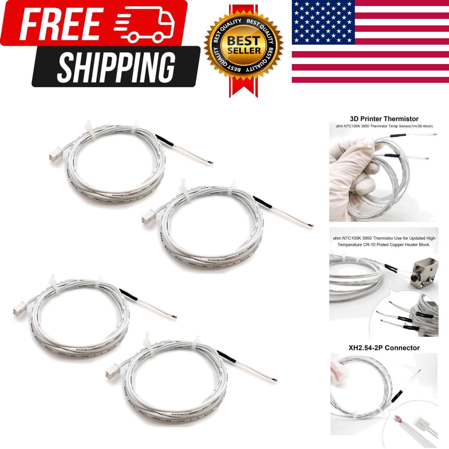 4Pcs Ender 3 Thermistor 1m/39.4Inches, 3D Printer ohm NTC 100K 3950 Thermisto...