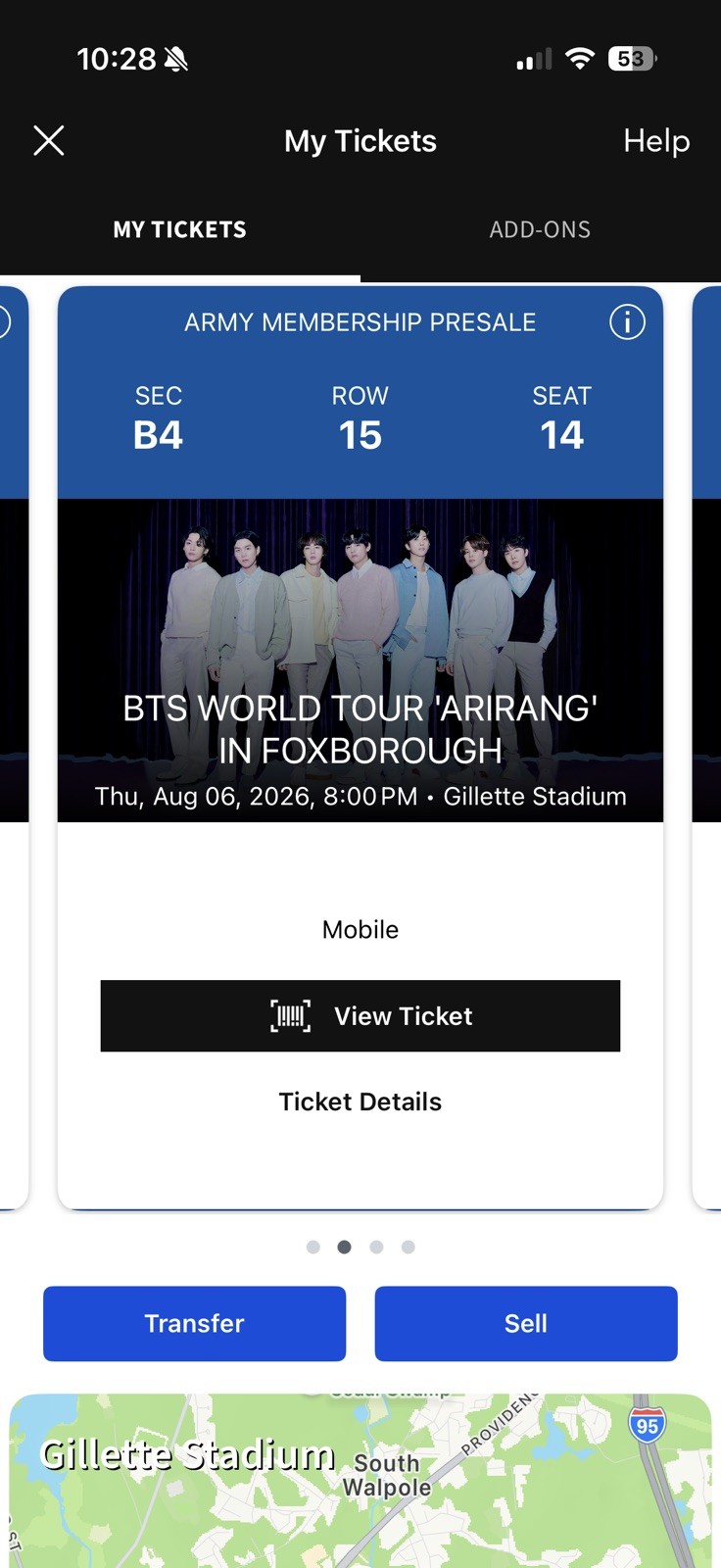 BTS World Tour Arirang, Foxborough Gillette Stadium Sec B4 Row 15 Seats 13-16