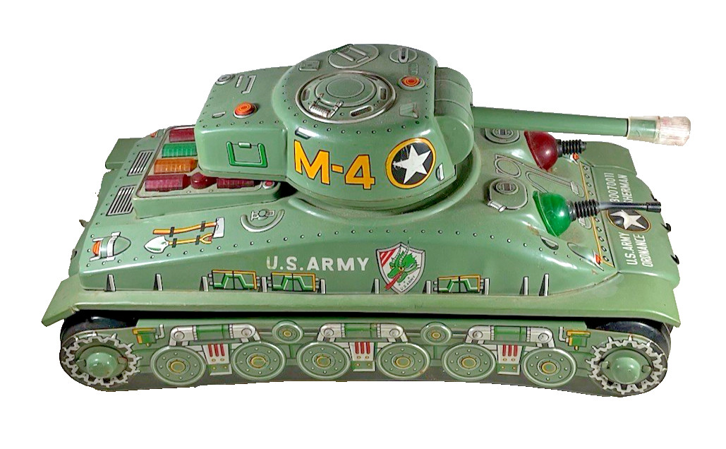 1960's U. S. Army M-4 Battery Operated Tin Litho Sherman Tank Taiyo Japan Toy
