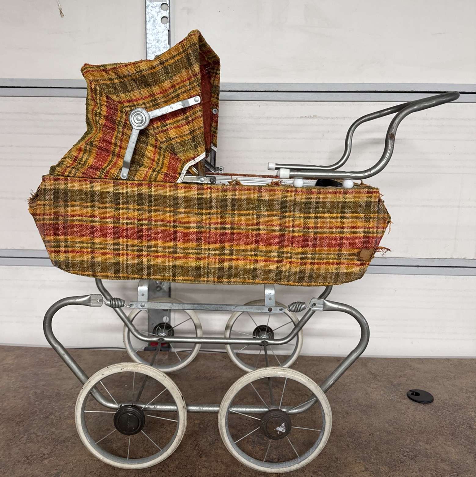 Vintage 1950s COLECO Doll Carriage Stroller Pram – Plaid Buggy w/ Spoked Wheels