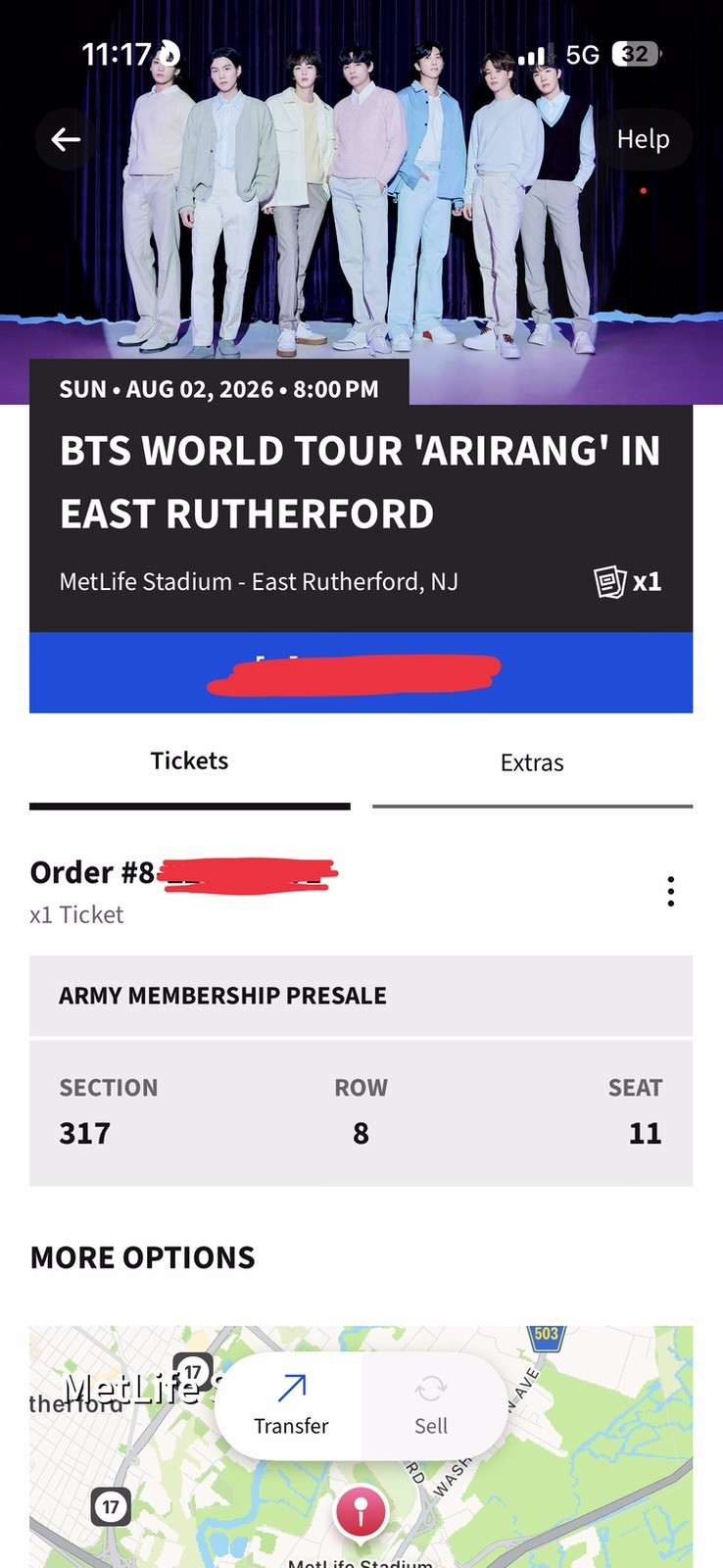 BTS Concert Ticket MetLife Stadium Aug 2 2026 Sec 317 Row 8 Seat 11