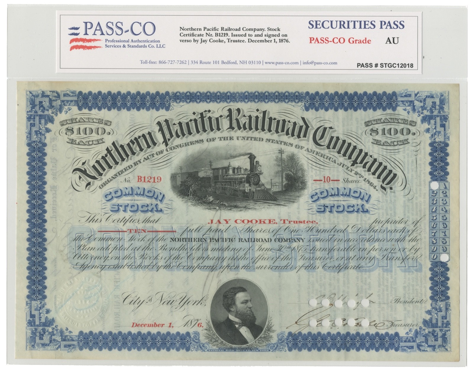 Northern Pacific Railroad Stock Issued To And Signed On Verso By Jay Cooke