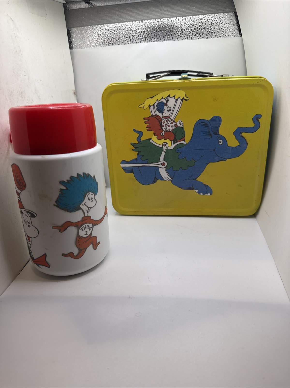 Handmade Dr. Seuss Horton the Elephant Tin Lunchbox W/ Cat In The Hat Thermos