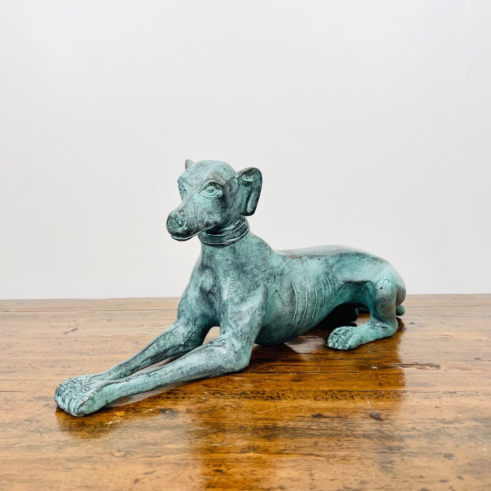 Superb Art Deco Bronze Sculpture – Reclining Greyhound with Green Patina...