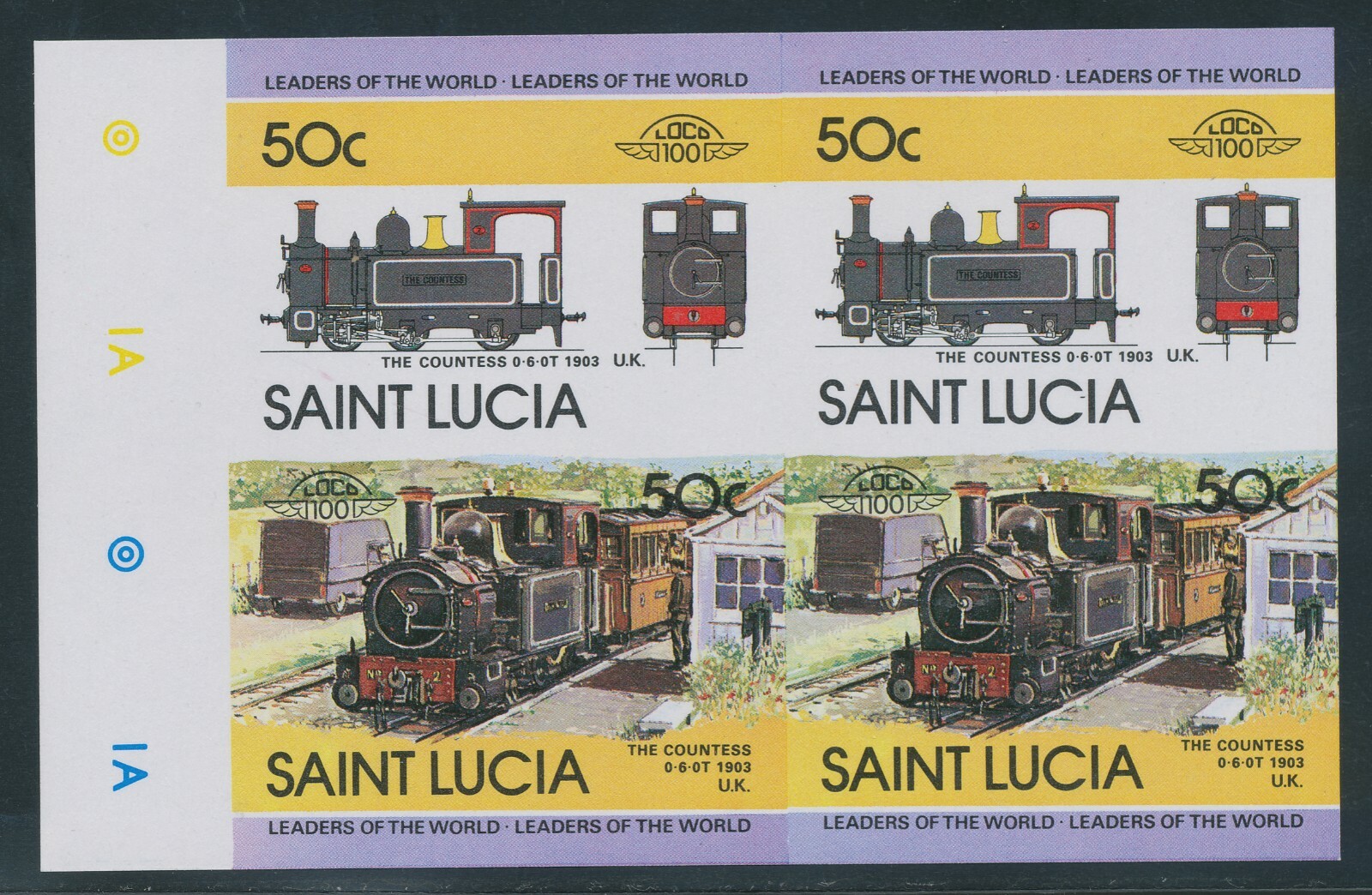 ST. LUCIA 1984 locomotives 50 C and $ 2 each in U/M se-tenant pairs IMPERFORATED