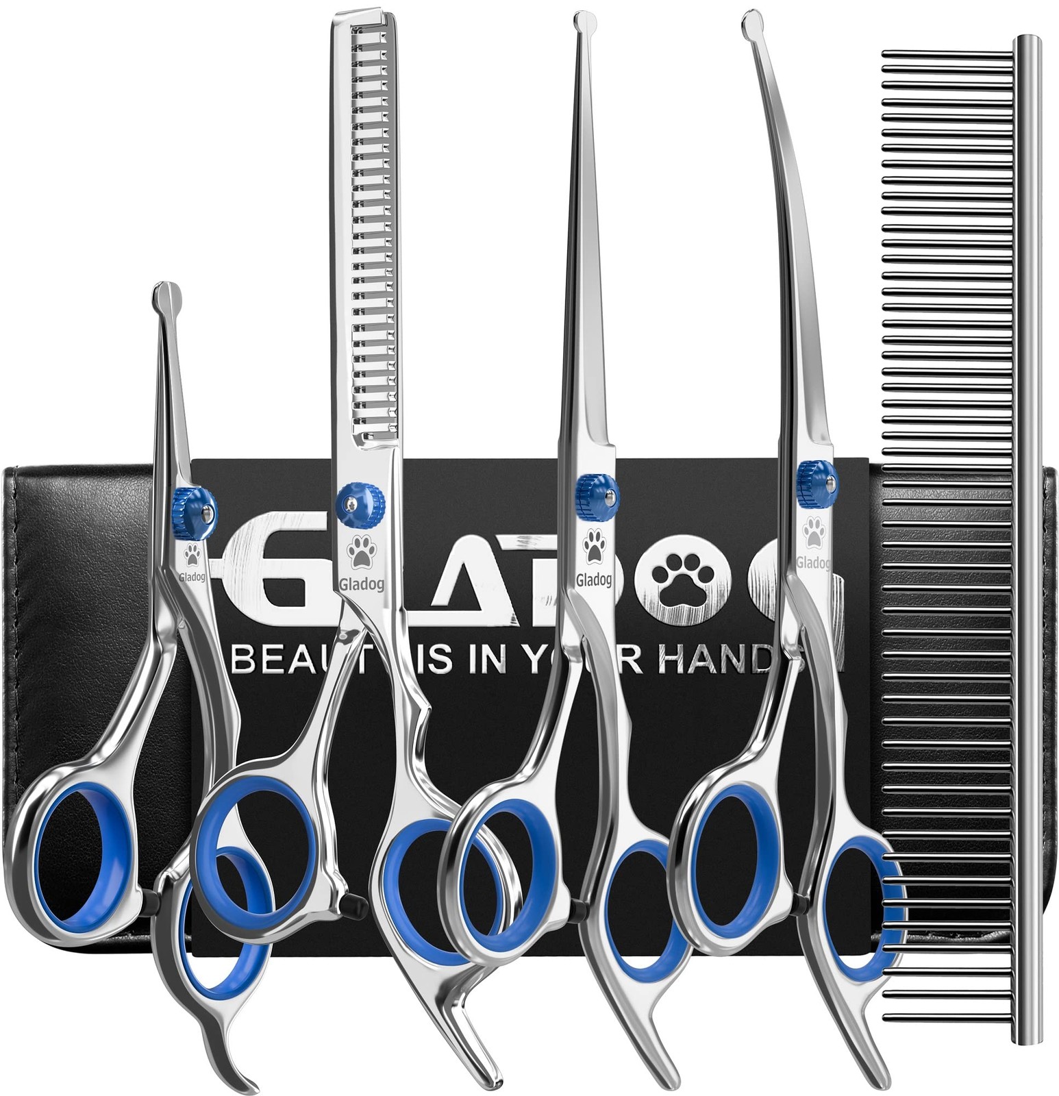 Dog Grooming Scissors Kit with Safety Round Tips, GLADOG Blue 6 in 1 
