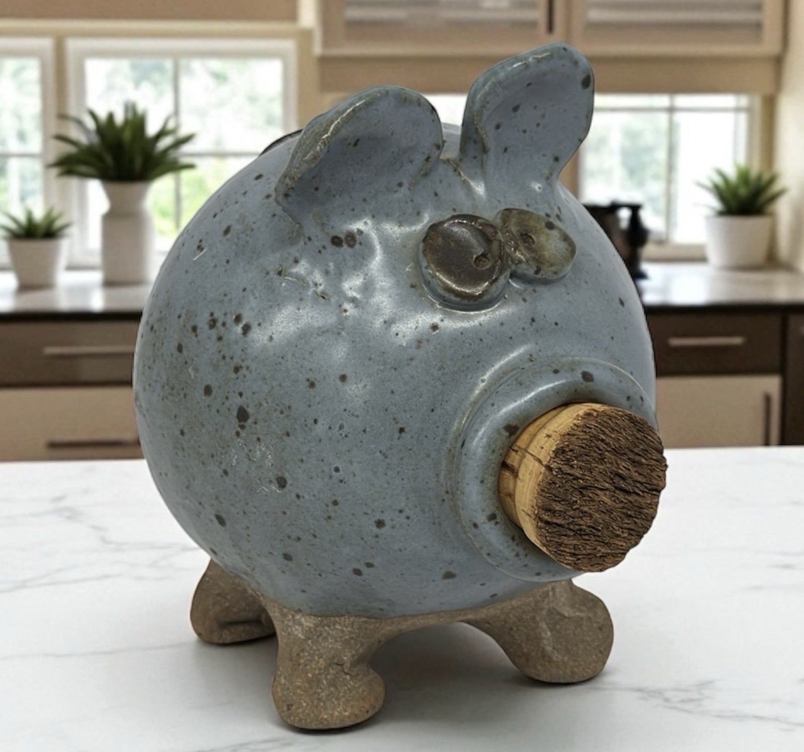Vintage Drip Glazed Stoneware Piggy Bank w/ Cork Nose Folk Art Pottery Pig 6"