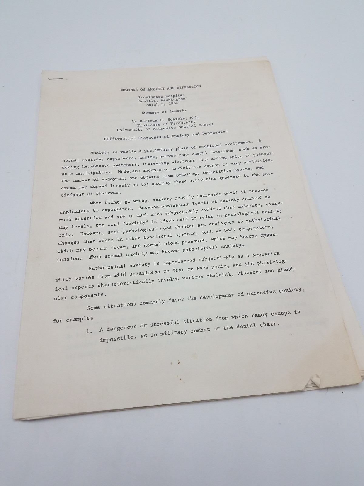 Vintage Ephemera Seminar on Anxiety and Depression March 3, 1966 Seattle, WA