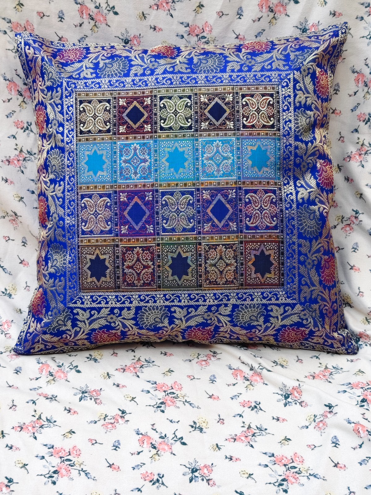 Elegant Blue Patchwork Brocade Cushion Cover 16x16 Inches Woven Throw Pillow 2pc