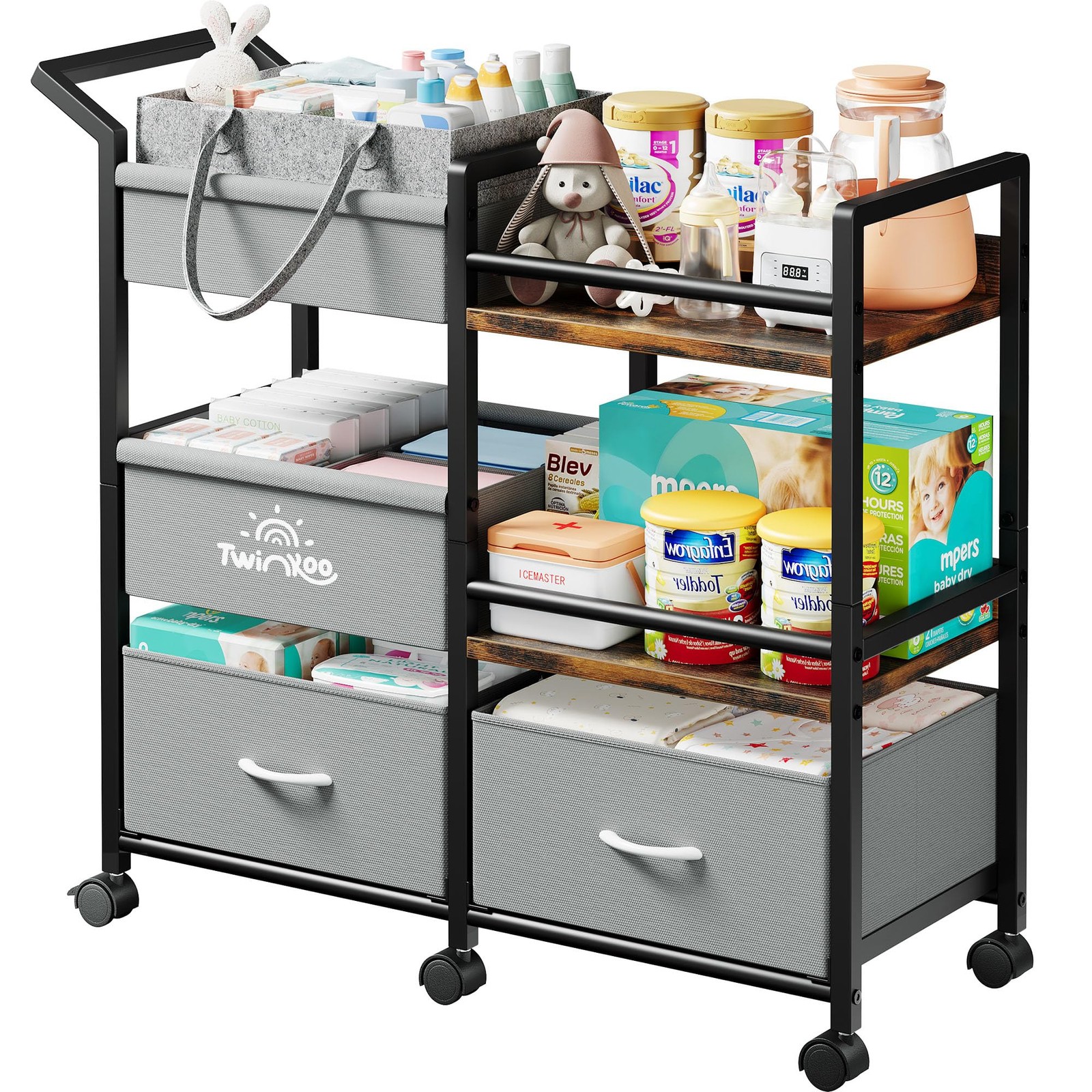 Baby Diaper Caddy Organizer, 3 Tier Rolling Storage Cart with Dividers and Dr...