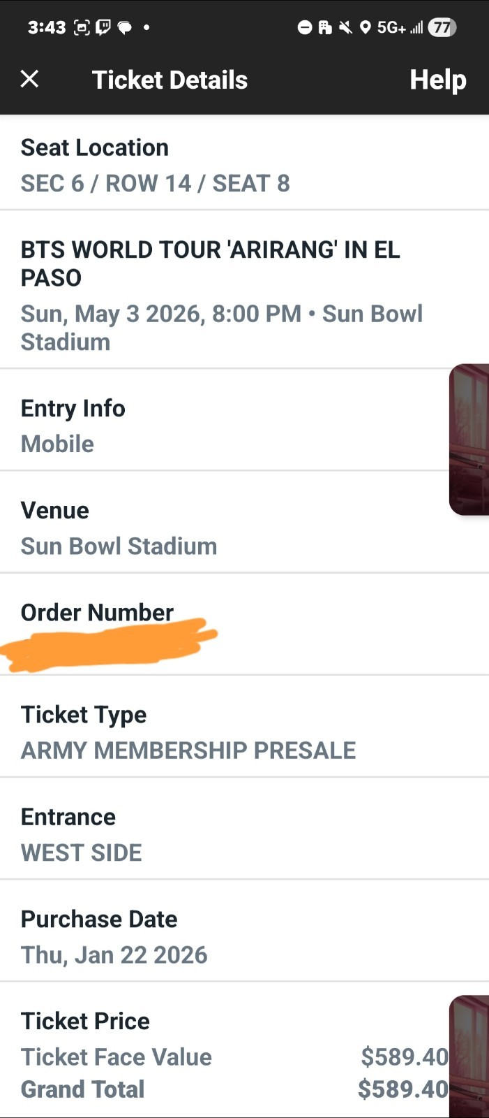 BTS In El Paso May 3rd 2026 Tickets, Section 6 Row 14 Seat 7 And Seat 8