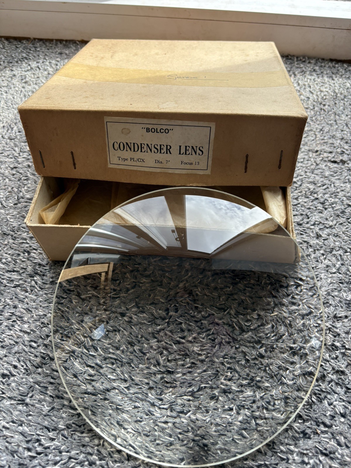 Vintage BOLCO condenser lens Dia 7”,  PL/CX, Focus 13, grade 1 - original box