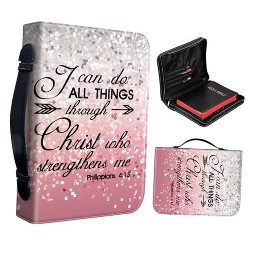 PU Leather Bible Cover with Zipper, Large Bible Case for Pink Glitter Bible