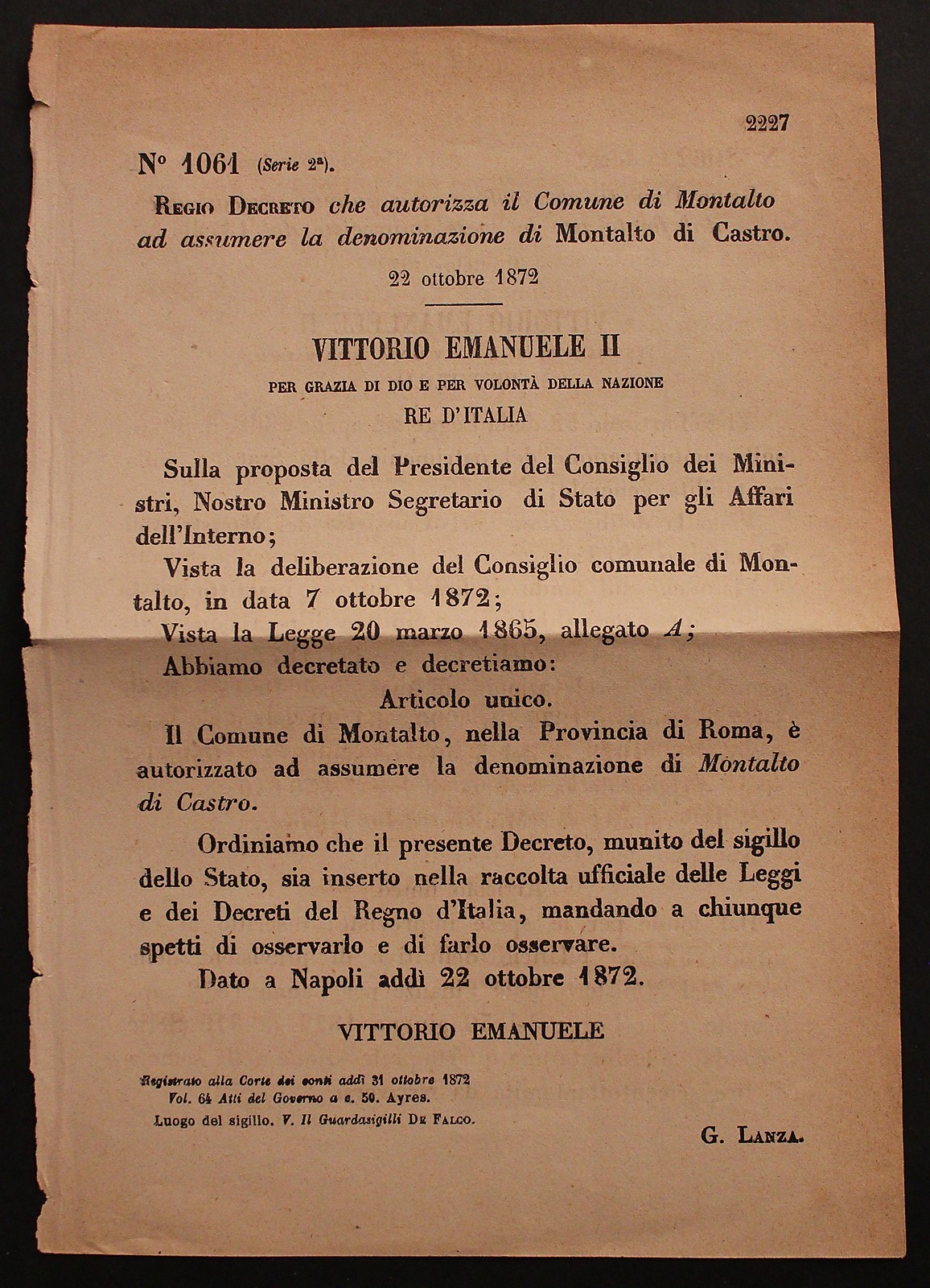 ROYAL DECREE - Authorization to change common name of Montalto - 214