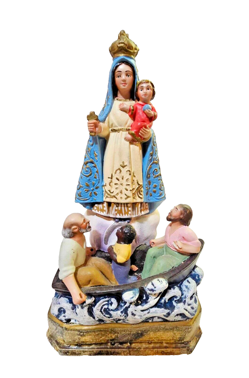 Statue of Mary & Child Patron St Cuba Caridad Del Cobre Ceramic Wood base- READ