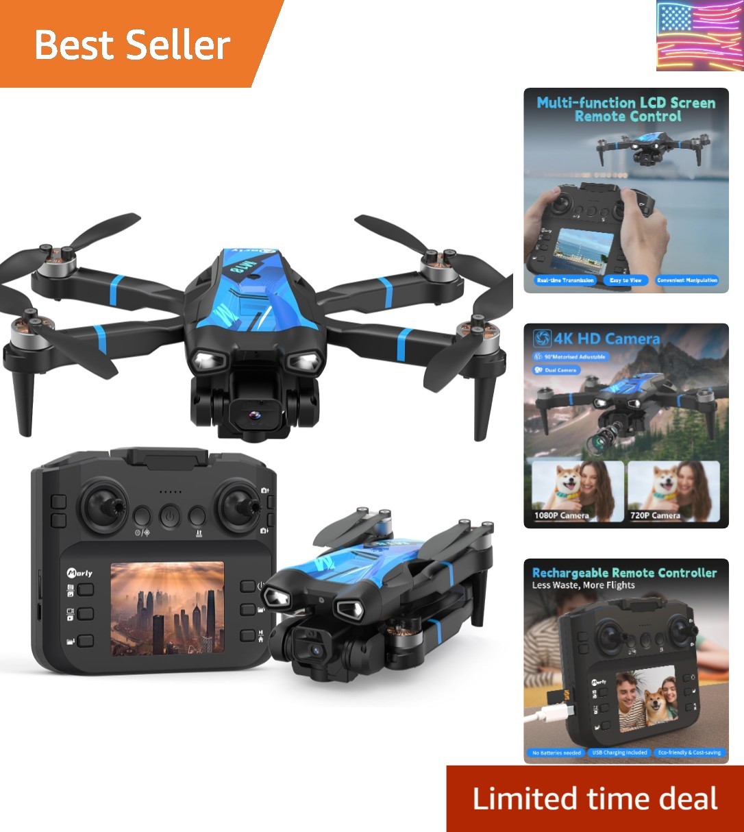 M18LCD Drone with 4K Camera for Adults Drone with Screen on Controller Brushl...