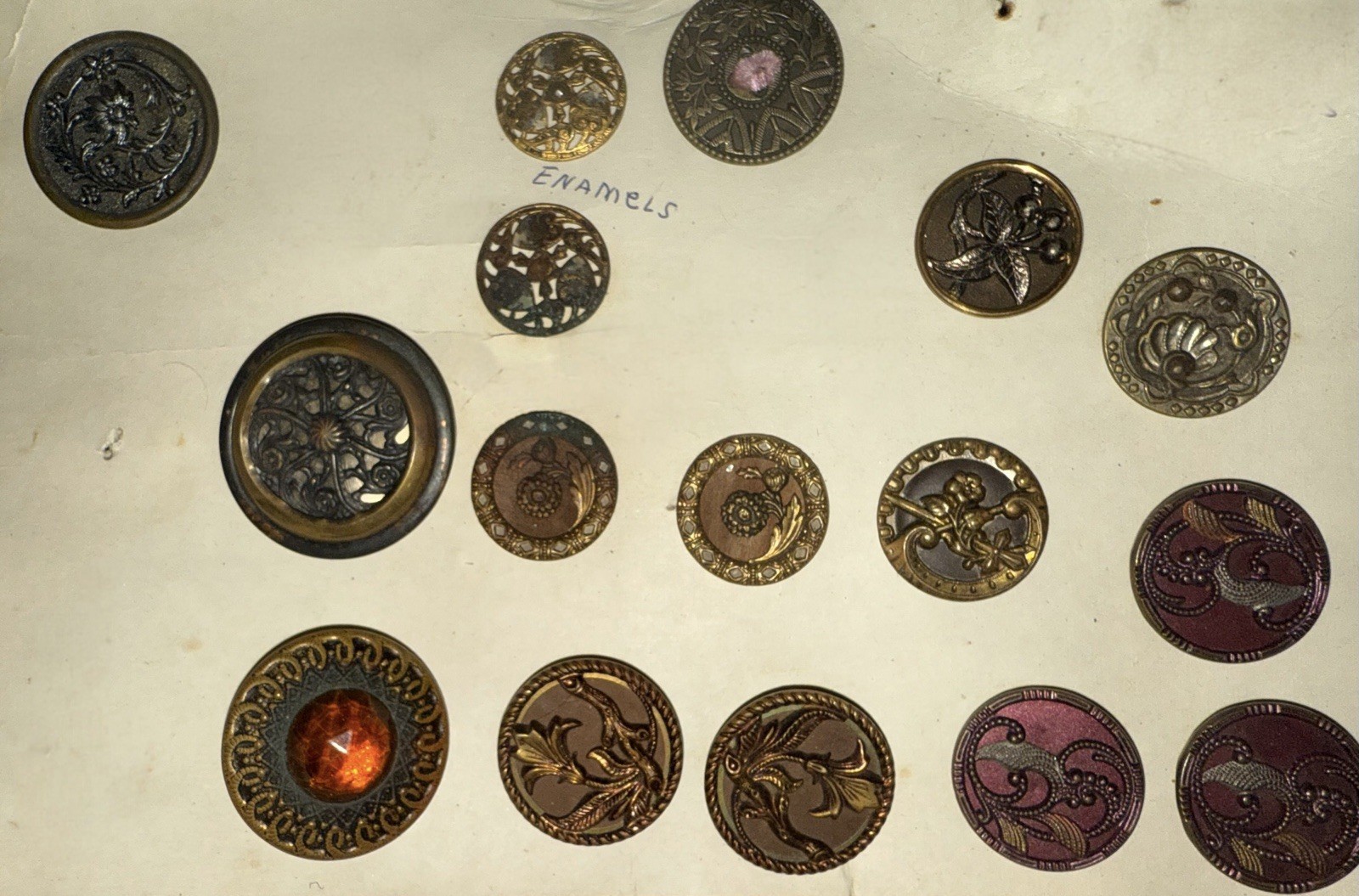 Antique Victorian & Art Nouveau Button Collection- Brass, Enamel And Glass Jewel
