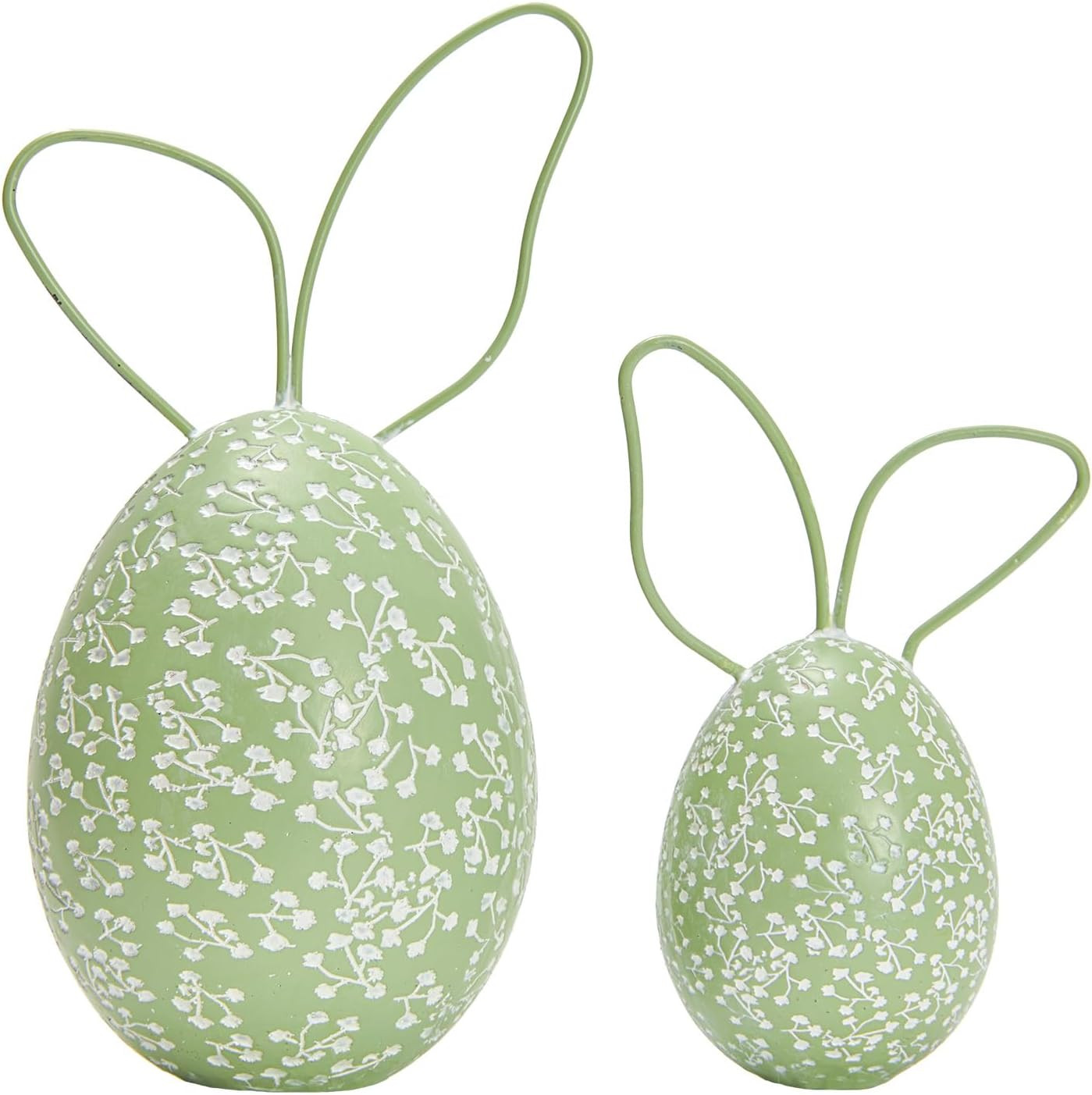 Easter Decorations Egg Figurines with Bunny Ears, 2-Piece Green Resin Egg Decor 