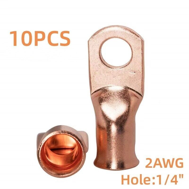 10PCS Copper Ring Terminals Battery Cable Ends Lugs Connectors 2AWG 1/4" Gauge