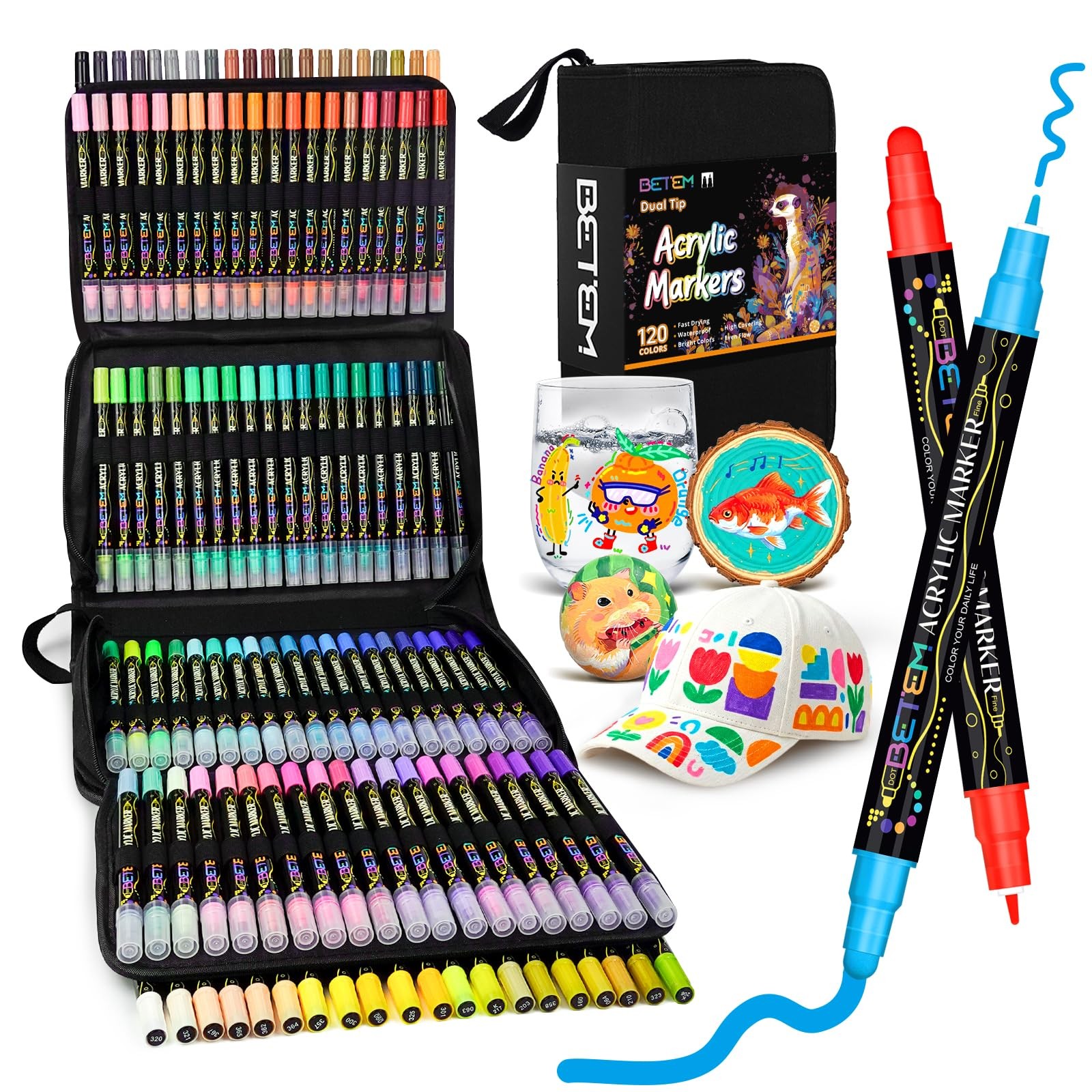 Betem Acrylic Paint Markers Pens, Dual Tip 1 Count (Pack of 120), Multicolor 