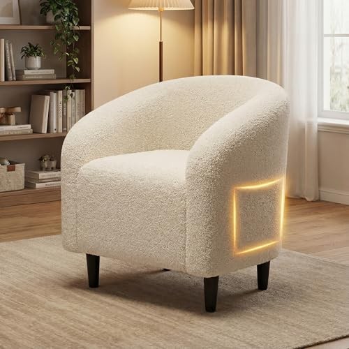 Modern Accent Barrel Chair, Comfy Teddy Fabric Club Armchair with Side White